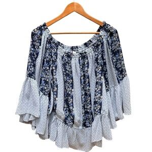 Cato Blouse Boho Bell Sleeve Blue White Floral Cottage Dainty Prairie Country 2X